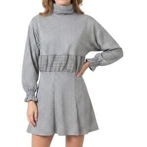 Vintage 70s Check Squares Shirred Blue Cream Tan Turtleneck Dress size S / M